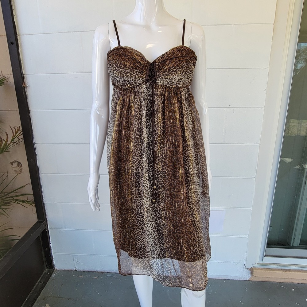 NWT Nicole Miller Spaghetti Strap Animal Print‎ Dress Brown Size 8 Leopard Silkk